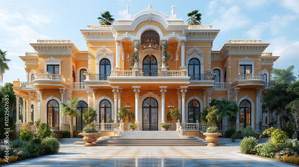 3D model of an elegant event venue, positioned at a high angle to showcase its grand entrance, against a white background. The color tone includes rich golds and whites, captured with a wide 3D model of an elegant event venue, positioned at a high angle to showcase its grand entrance, against a white background. The color tone includes rich golds and whites, captured with a wide