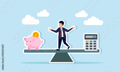 A businessman on a seesaw with a piggy bank and calculator on the other side, illustrating the balance of spending and investment calculations.