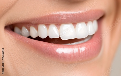 A close-up of a bright, healthy smile featuring white teeth and soft, natural lips, exuding confidence and happiness.