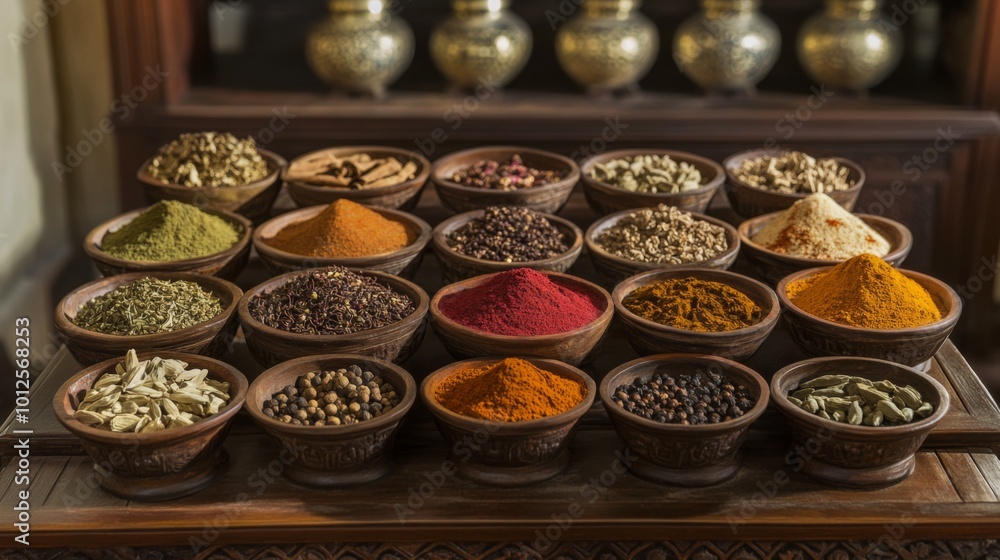 An array of colorful spices in bowls on a wooden table. An array of colorful spices in bowls on a wooden table.