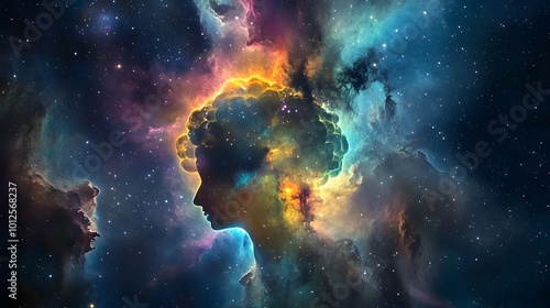 An awe-inspiring depiction of a luminous, multicolored nebula resembling a human brain, floating in deep space, capturing the concept of limitless imagination and the mysteries of the mind. 