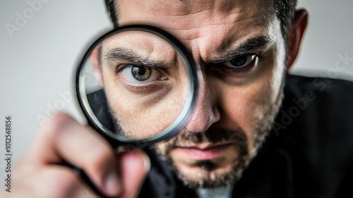 Close-up of a man using a magnifying glass to carefully examine something, representing investigation, scrutiny, or attention to detail.