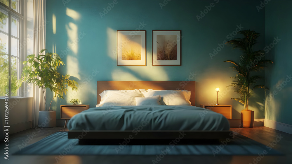 Bedroom Interior Design with Wooden Bed, Teal Walls and Sunlight Bedroom Interior Design with Wooden Bed, Teal Walls and Sunlight