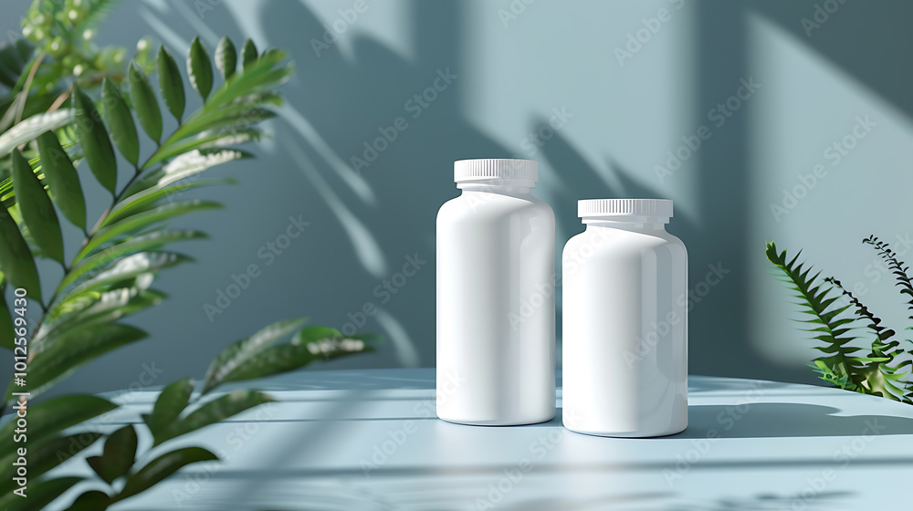 Two white supplement bottles on a blue table with green plants in the background. Two white supplement bottles on a blue table with green plants in the background.