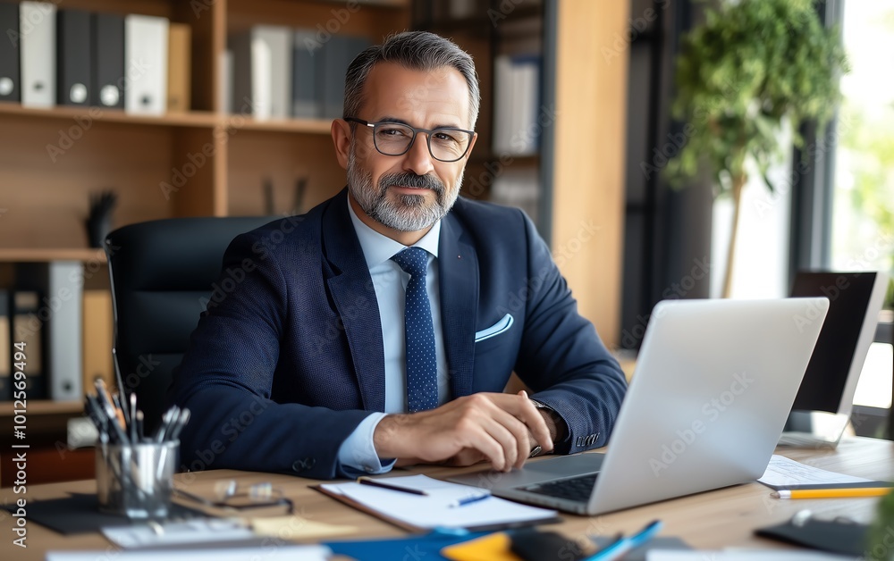 Obraz premium A confident professional man in a suit sits at his desk, smiling, with a laptop and office supplies around him, showcasing a modern workspace.