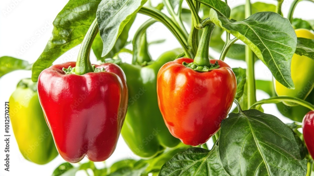 Red and green bell peppers hanging from a plant with leaves