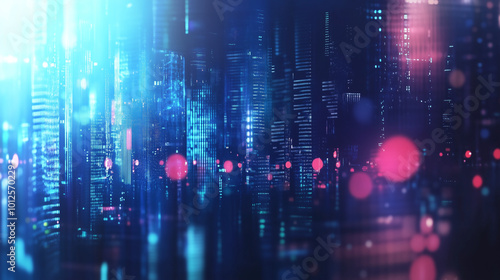 Abstract digital cityscape with flowing lines and holograms. Futuristic tech. Blurred foreground. Red path for progress.