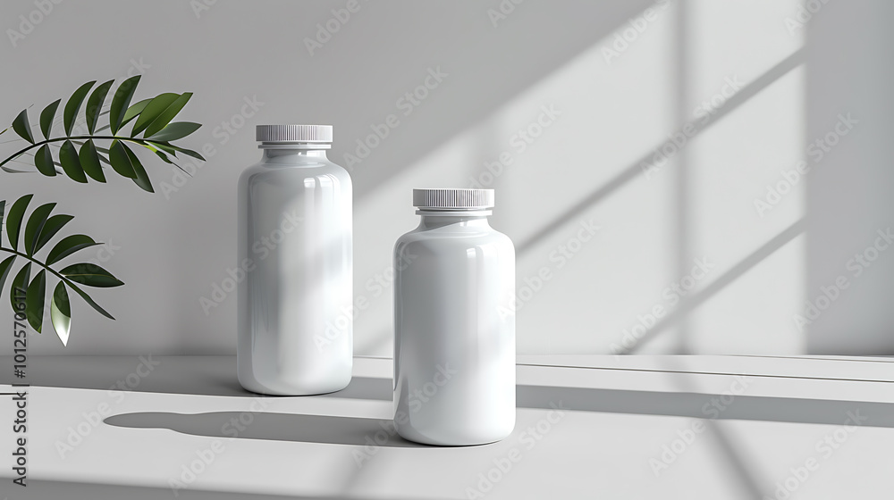 Two white bottles on a white shelf with green leaves in the background. The bottles are empty and ready for your product design. Two white bottles on a white shelf with green leaves in the background. The bottles are empty and ready for your product design.