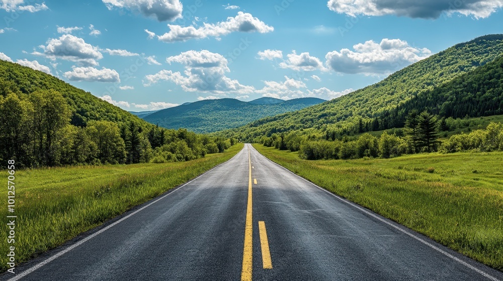 A long asphalt road leading into green mountains, with a bright sky and scattered, fluffy clouds on a sunny afternoon. A long asphalt road leading into green mountains, with a bright sky and scattered, fluffy clouds on a sunny afternoon.