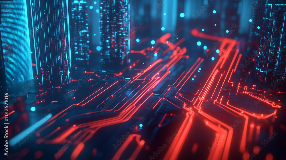 Abstract digital cityscape with flowing lines and holograms. Futuristic tech. Blurred foreground. Red path for progress. Abstract digital cityscape with flowing lines and holograms. Futuristic tech. Blurred foreground. Red path for progress.
