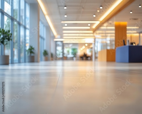 The soft-focus shot of an open-plan office floor  emphasizing the architectural lines and minimalist design elements with a blurred  abstract effect