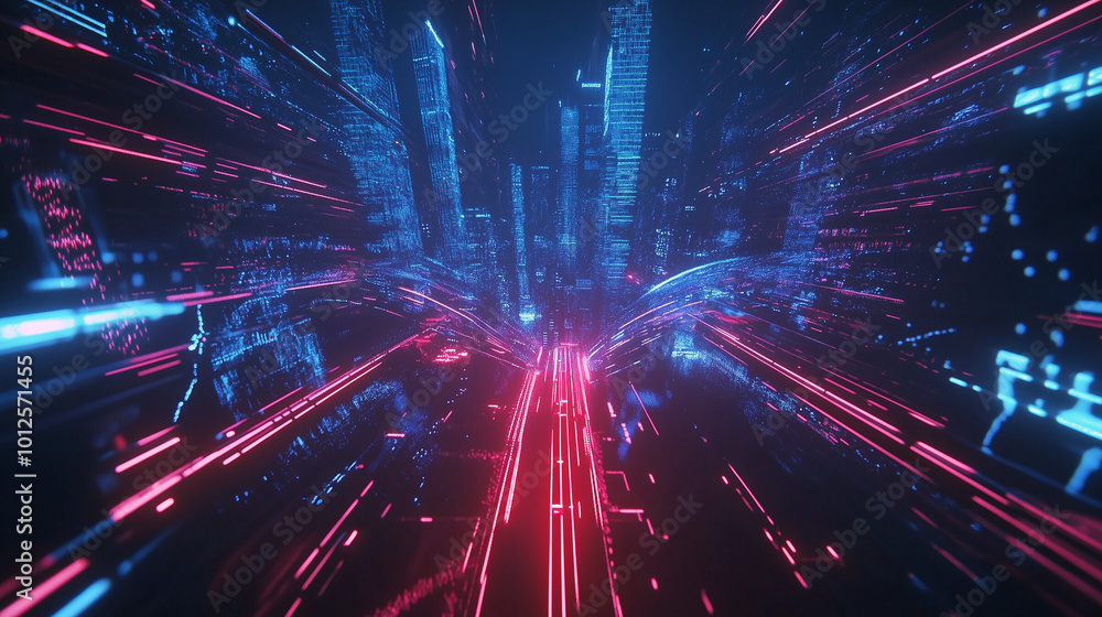 Abstract digital cityscape with flowing lines and holograms. Futuristic tech. Blurred foreground. Red path for progress. Abstract digital cityscape with flowing lines and holograms. Futuristic tech. Blurred foreground. Red path for progress.