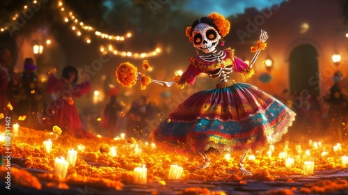 Colorful Skeleton Celebrating in a Festive Scene