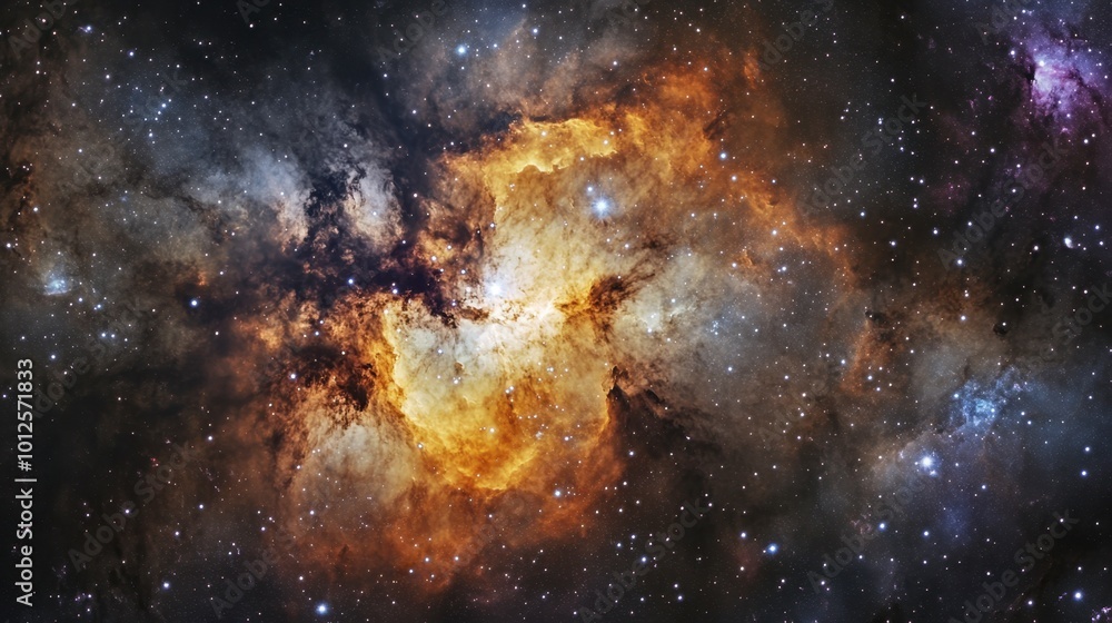 A panorama of a galaxy with bright star formations, swirling cosmic dust, and vibrant nebulae, set against the deep, dark sky. A panorama of a galaxy with bright star formations, swirling cosmic dust, and vibrant nebulae, set against the deep, dark sky.