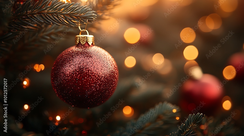 Closeup of a shiny red Christmas ornament hanging on a tree branch with warm, blurry lights in the background. Closeup of a shiny red Christmas ornament hanging on a tree branch with warm, blurry lights in the background.