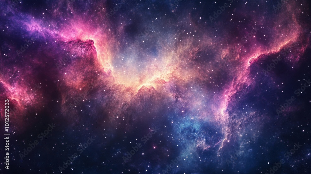 Obraz premium A panorama of a galaxy with glowing nebula clouds and twinkling stars, showcasing the beauty of the universe in vivid detail.
