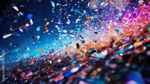 A festive and colorful party with flying neon confetti on a blue background