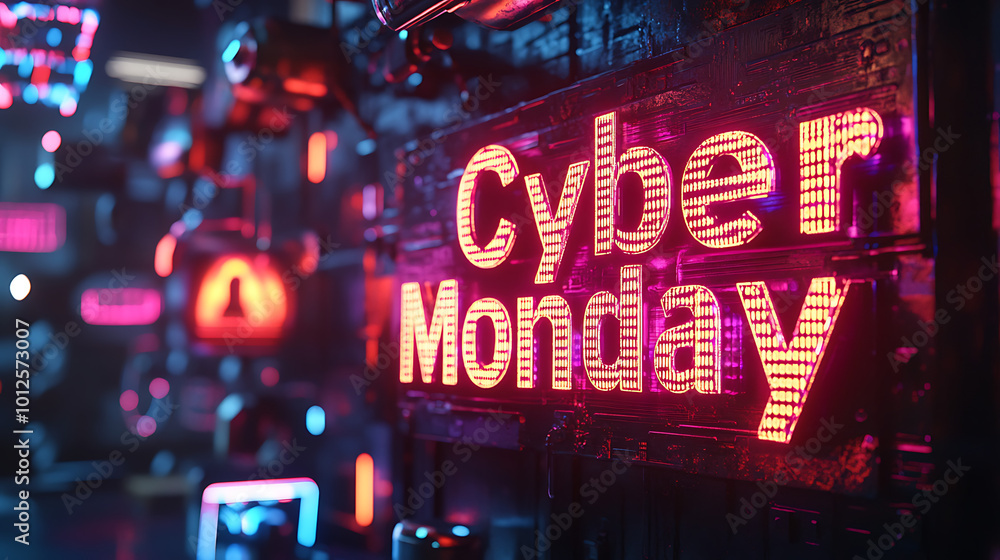 Futuristic Cyber Monday Sign in Neon Lights Futuristic Cyber Monday Sign in Neon Lights