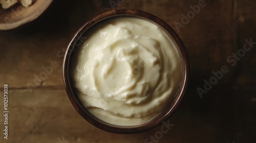 Creamy white yogurt in a wooden bowl, close up.