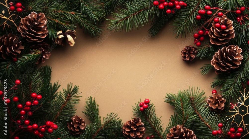 Christmas Border Frame of Tree Branches, Red Berries, and Pine Cones on Dark Wood Background Christmas Border Frame of Tree Branches, Red Berries, and Pine Cones on Dark Wood Background
