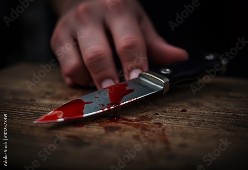 someone is cutting a knife with a sharp blade on a wooden table. photo