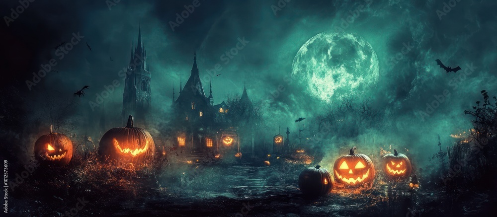 Haunted Halloween night with a full moon over a spooky castle and glowing jack-o-lanterns. Haunted Halloween night with a full moon over a spooky castle and glowing jack-o-lanterns.
