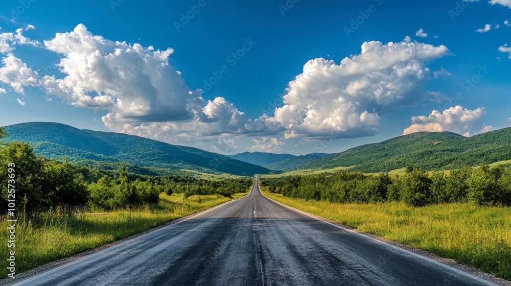 A panoramic asphalt road view with green mountain landscapes and a bright sky filled with fluffy white clouds. A panoramic asphalt road view with green mountain landscapes and a bright sky filled with fluffy white clouds.