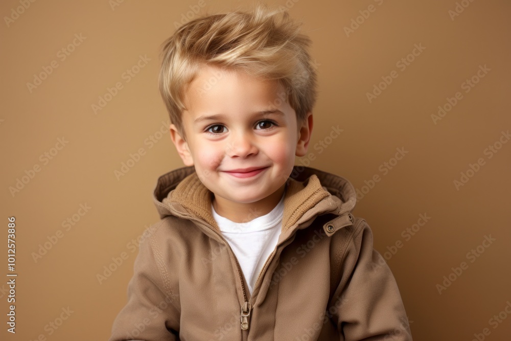 Portrait of a smiling little boy in a brown jacket on a brown background Portrait of a smiling little boy in a brown jacket on a brown background