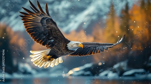 Bald eagle in flight with snow and mountains in the background.