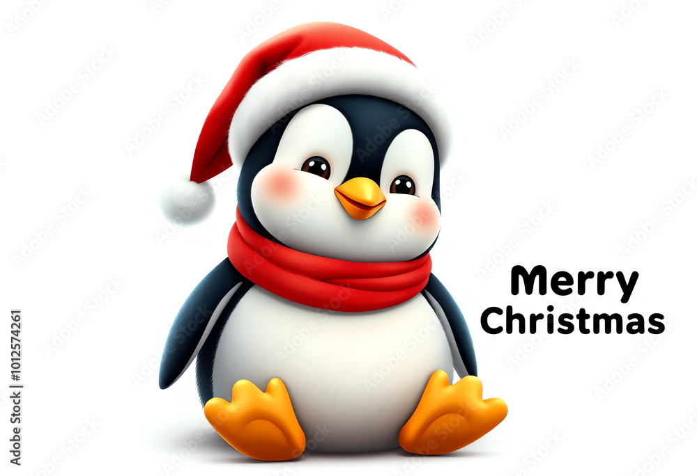 Obraz premium cute little penguin wear santa hat with merry christmas greeting text