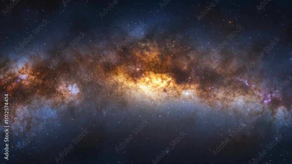 A panoramic galaxy scene with the Milky Way's bright core, surrounded by twinkling stars and faint cosmic clouds. A panoramic galaxy scene with the Milky Way's bright core, surrounded by twinkling stars and faint cosmic clouds.