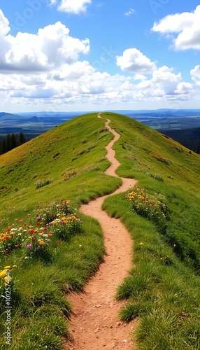 there is a path going up a hill with a grassy hill in the background.