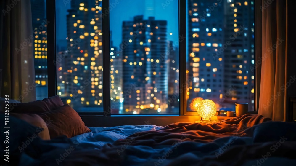 Bed with City View, a cozy bedroom with a bed positioned near a window Bed with City View, a cozy bedroom with a bed positioned near a window