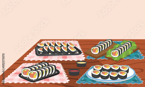 Kimbap or gimbap vector. Korean traditional food clipart. Korean seaweed rice rolls clipart. Flat vector in cartoon style isolated on white background.