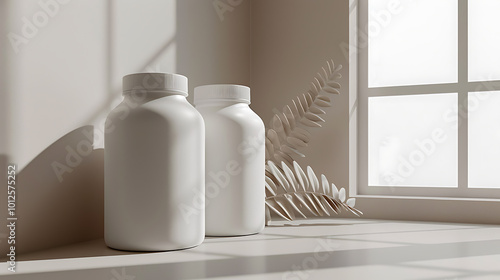 Two white bottles with a neutral background with a plant and a window in the background.