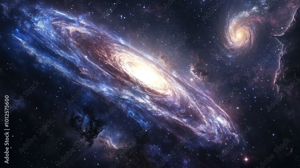 Fototapeta premium A panoramic image of a distant spiral galaxy with bright stars, glowing nebulae, and deep space hues of blue and purple.