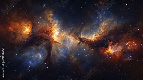 A panoramic image of a galaxy with vibrant star formations and swirling nebulae, set against the deep, dark backdrop of space.