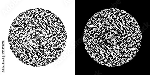 Abstract background with abstract line pattern in circles. Spiral art design as a logo or icon. A black figure on a white background and the same white figure on a black side. Mandala design with line