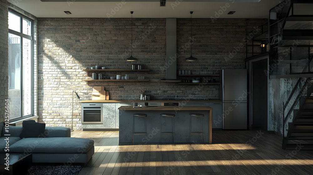 Modern Loft Kitchen with Brick Wall, Wooden Floor, and Natural Light 3D Illustration Modern Loft Kitchen with Brick Wall, Wooden Floor, and Natural Light 3D Illustration