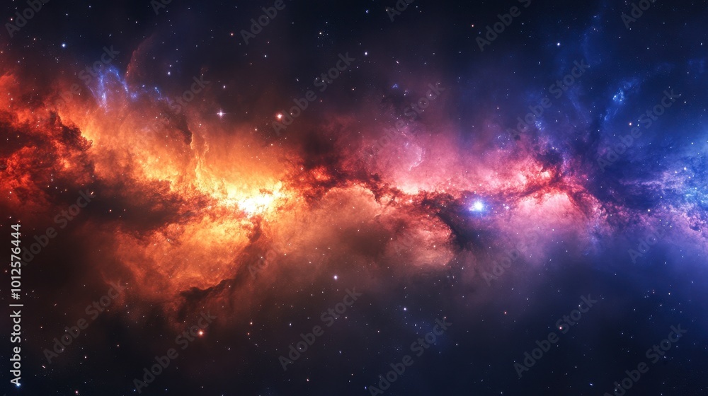Fototapeta premium A panoramic shot of a galaxy with colorful nebula clouds and bright stars, set against the dark backdrop of space.