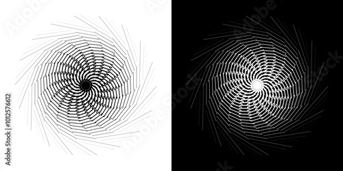 Abstract background with abstract line pattern in circles. Spiral art design as a logo or icon. A black figure on a white background and the same white figure on a black side. Mandala design with line