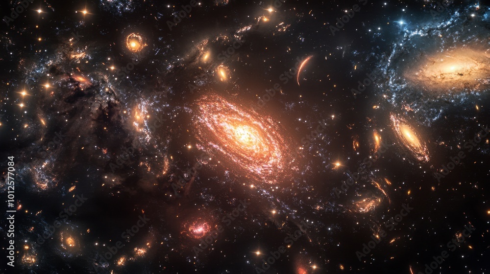 Obraz premium A panoramic shot of a galaxy with vibrant star formations and swirling nebulae, set against the deep, dark backdrop of the universe.