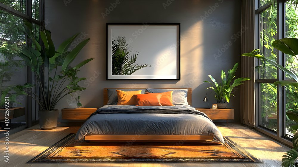 Bedroom Interior Design with Grey Walls, Wooden Bed Frame, and Natural Light Bedroom Interior Design with Grey Walls, Wooden Bed Frame, and Natural Light