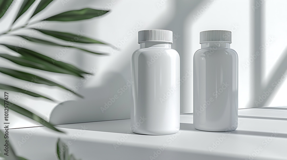 Two white pill bottles on a white surface with soft light and a green plant out of focus in the background. Two white pill bottles on a white surface with soft light and a green plant out of focus in the background.