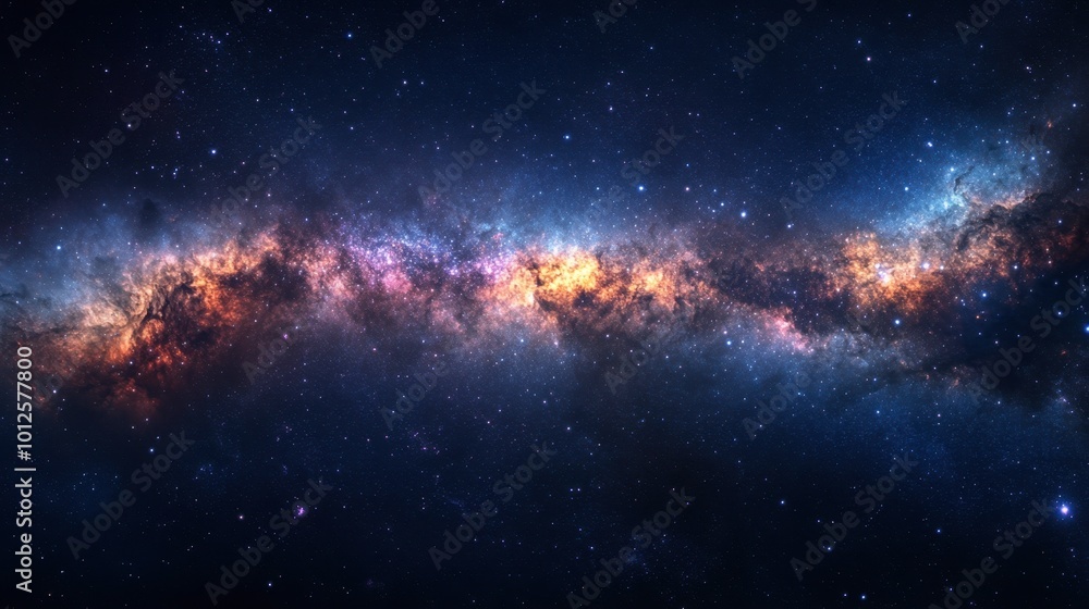 Obraz premium A panoramic shot of the Milky Way galaxy with bright stars, glowing nebula clouds, and cosmic dust, creating a stunning visual.