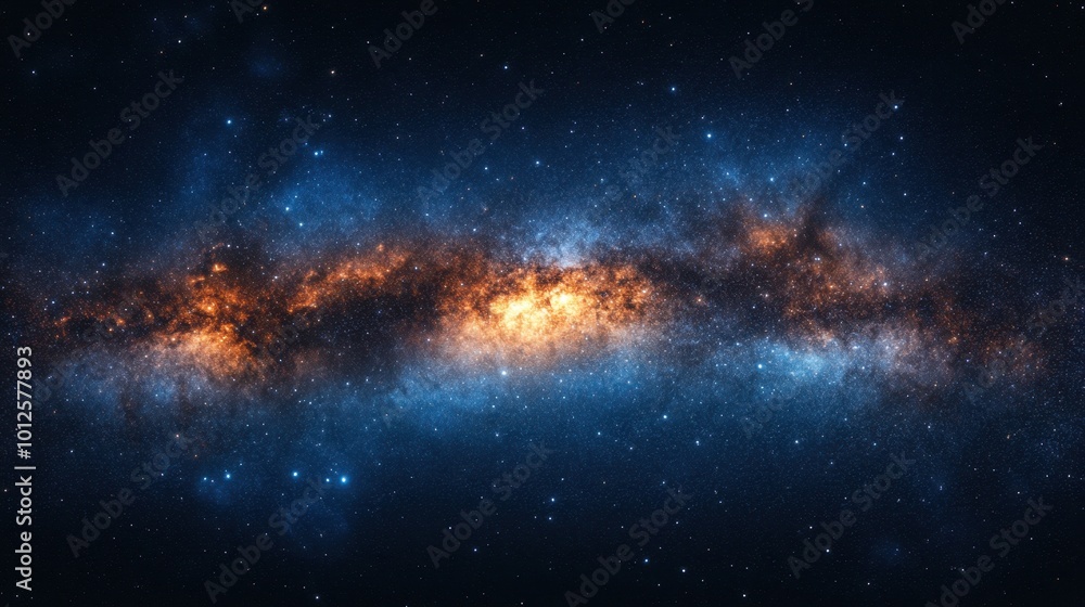 Obraz premium A panoramic shot of the Milky Way galaxy with bright stars, glowing nebula clouds, and cosmic dust, creating a stunning visual.