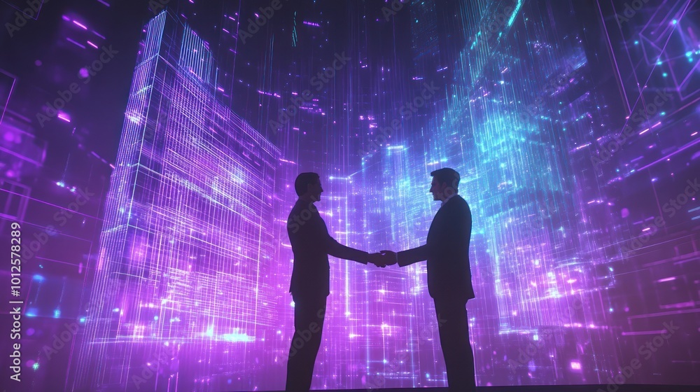Digital Handshake: Business Partners in a Futuristic City Digital Handshake: Business Partners in a Futuristic City