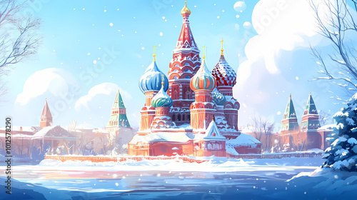 A vivid russian cathedral with colorful domes stands majestically against a serene, snowy backdrop. Russian Cathedral. Illustration