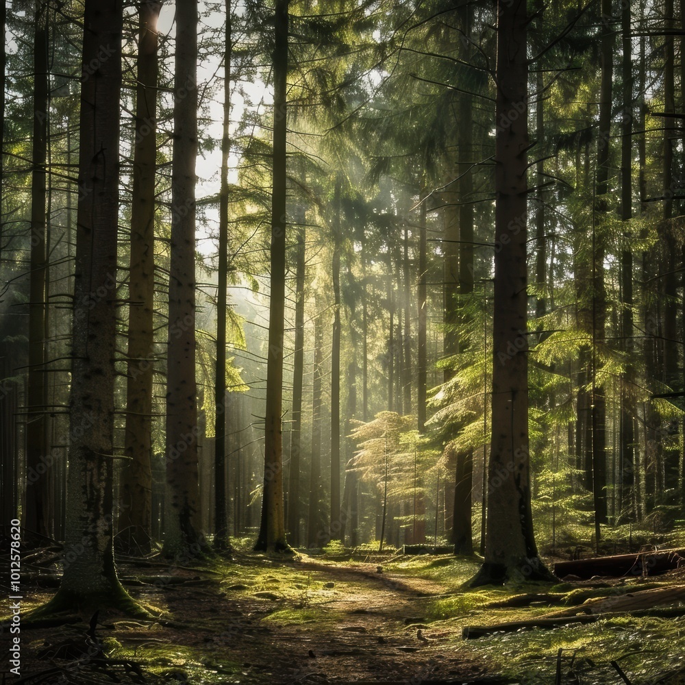 Fototapeta premium Tranquil Sunlit Forest Pathway