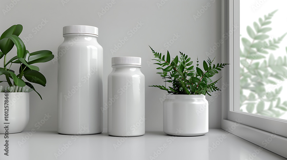 Three white bottles with a plant in a white pot on a white counter, minimalist home decor. Three white bottles with a plant in a white pot on a white counter, minimalist home decor.